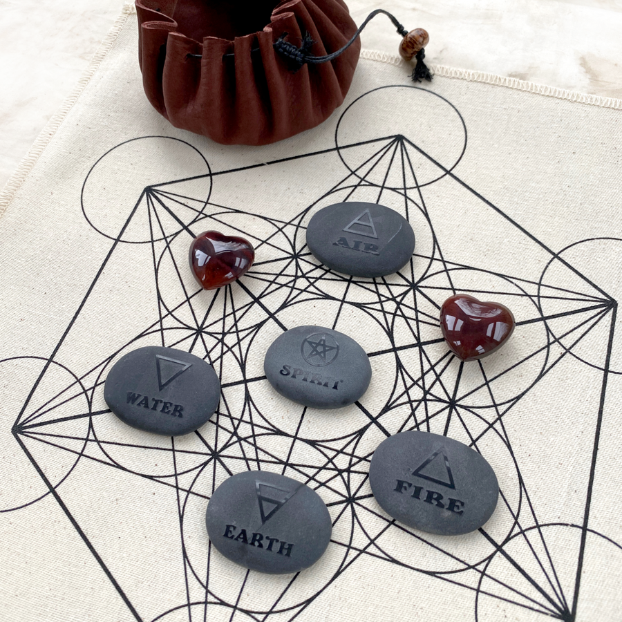 Set of element stones with two Agate hearts & Metatron's Cube crystal grid cloth