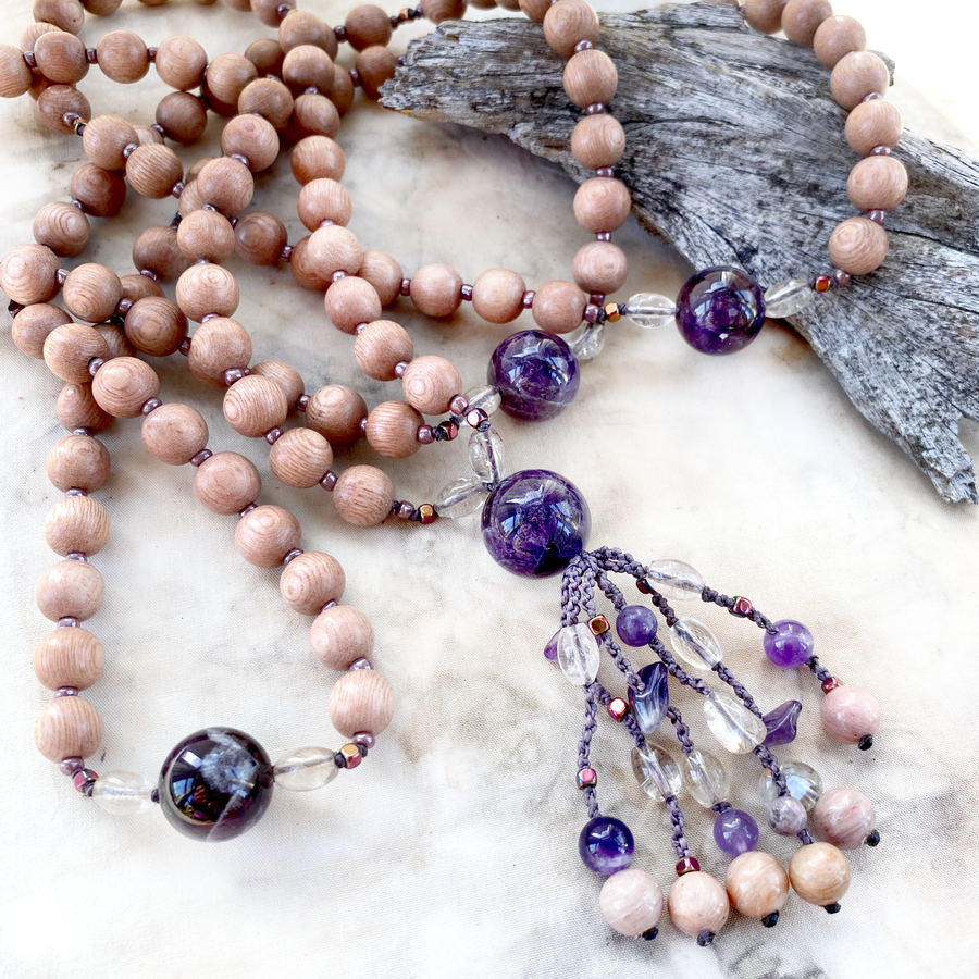 Full 108-bead wooden mala with Amethyst divider beads