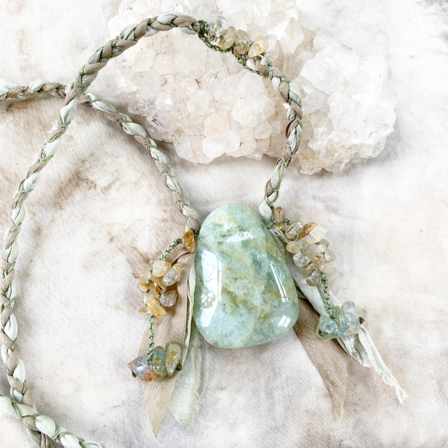 Aquamarine crystal healing talisman with Gold Rutile Quartz