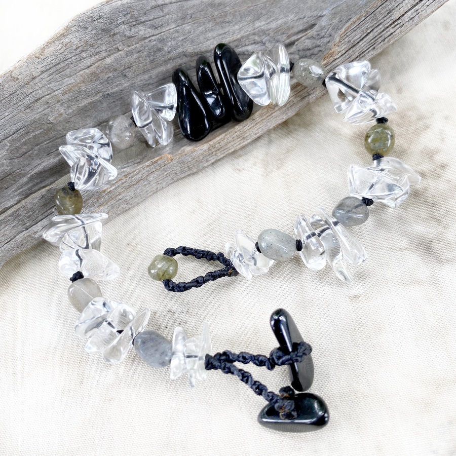 Crystal healing bracelet with Black Tourmaline, Quartz & Labradorite ~ for wrist size up to 6.5