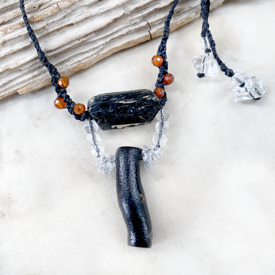 Crystal healing amulet with Black Tourmaline & Black Coral