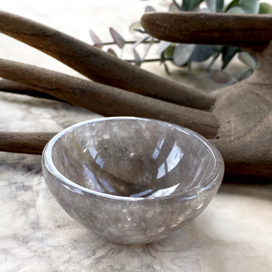 Tiny decorative crystal bowl carved from Smokey Quartz