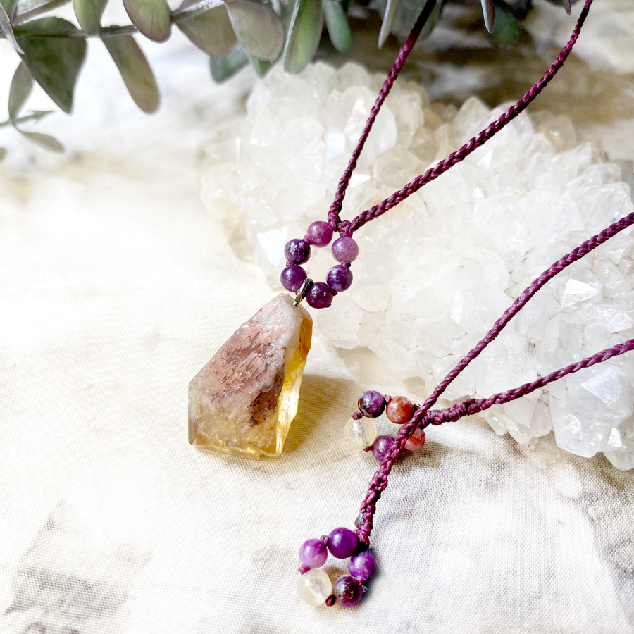 Citrine crystal healing amulet with Lepidolite