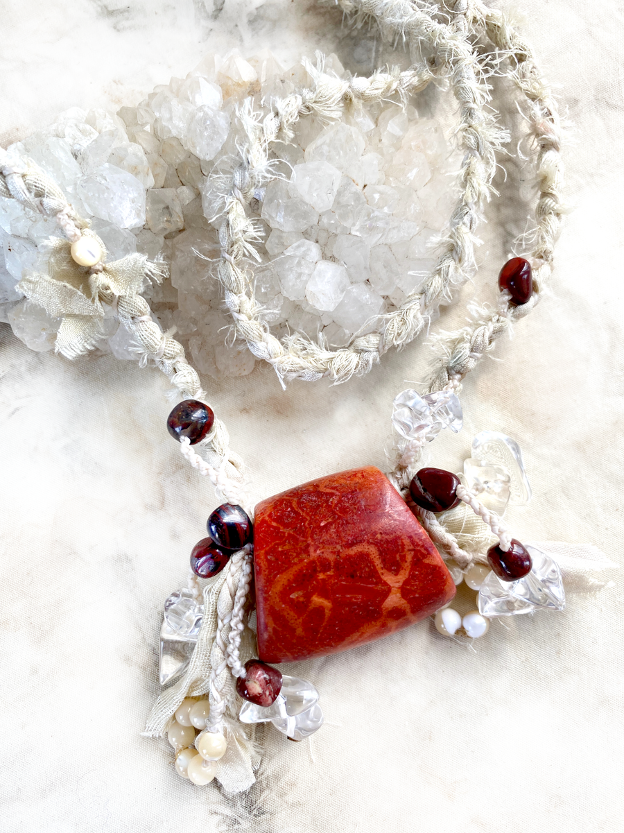 'Energy Guardian' ~ Red Coral talisman necklace in silk braid