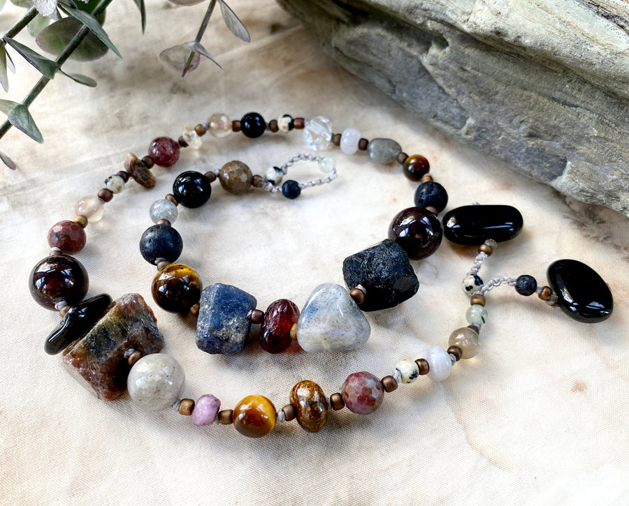 Crystal healing double wrap bracelet in dark tones ~ for 6.5