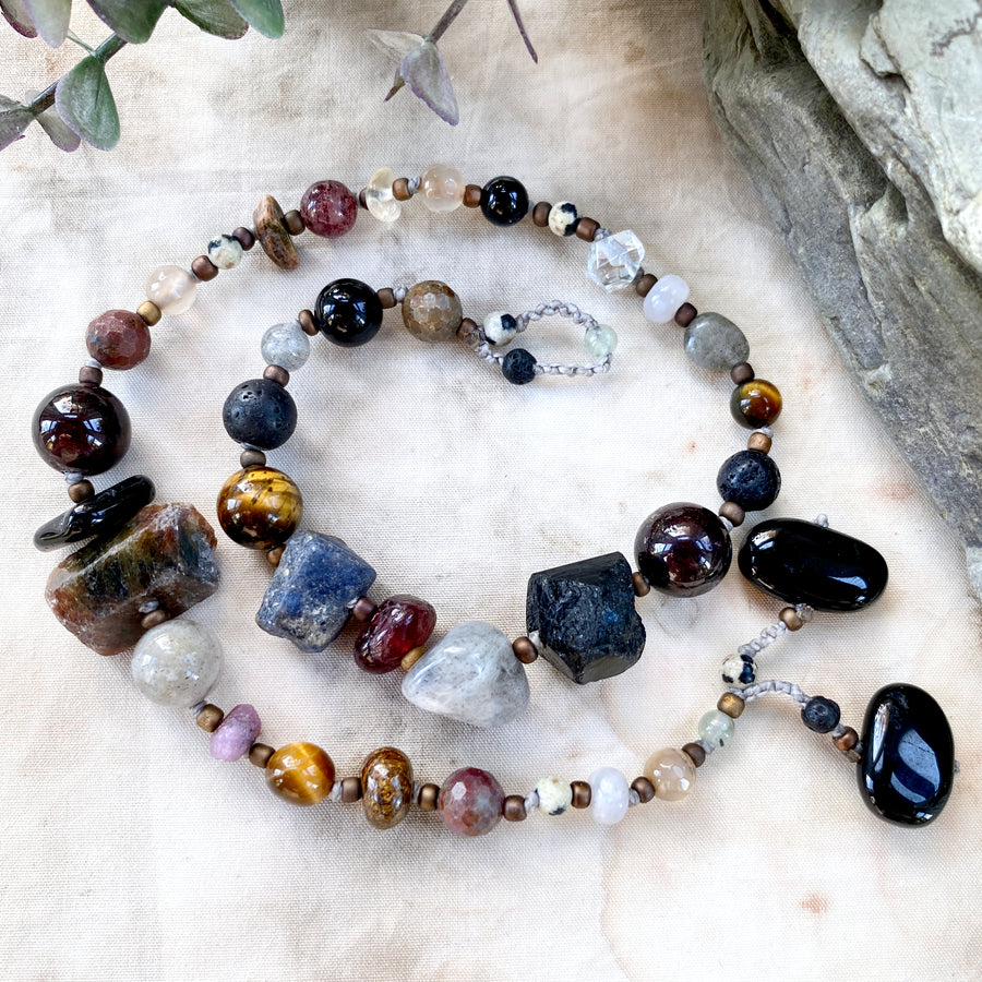 Crystal healing double wrap bracelet in dark tones ~ for 6.5