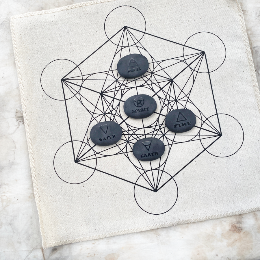Set of element stones with Metatron's Cube crystal grid cloth