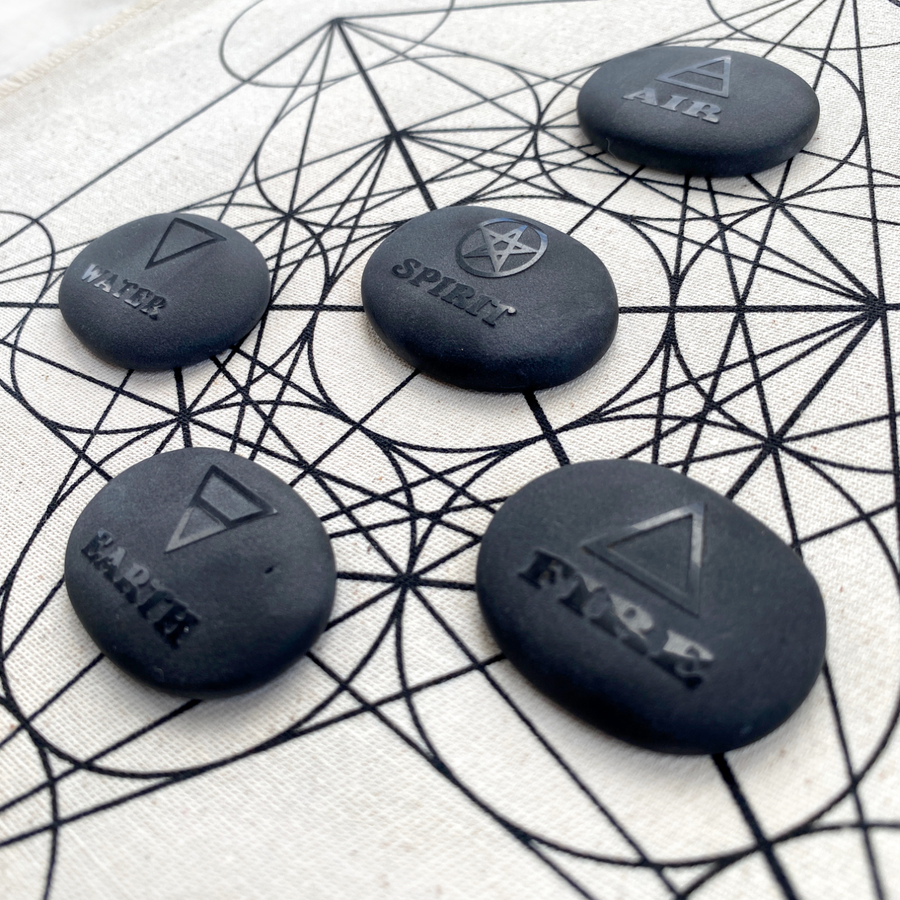 Set of element stones with Metatron's Cube crystal grid cloth