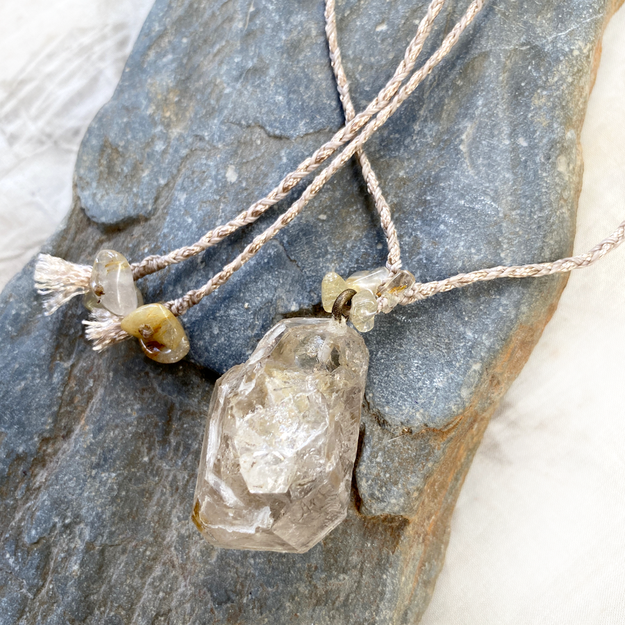 'Soul Path' crystal healing talisman with Fenster Quartz in satin braid