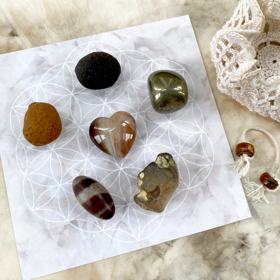 Crystal energy pouch, including rare Colombianite & Shiva Lingam