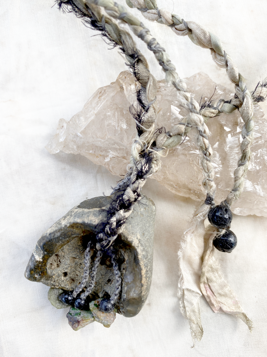 'Ancient Tides' Flint hagstone talisman with Kornerupine & Lava Stone