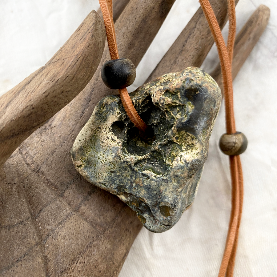 'Ancient Tides' Flint hagstone talisman in leather cord