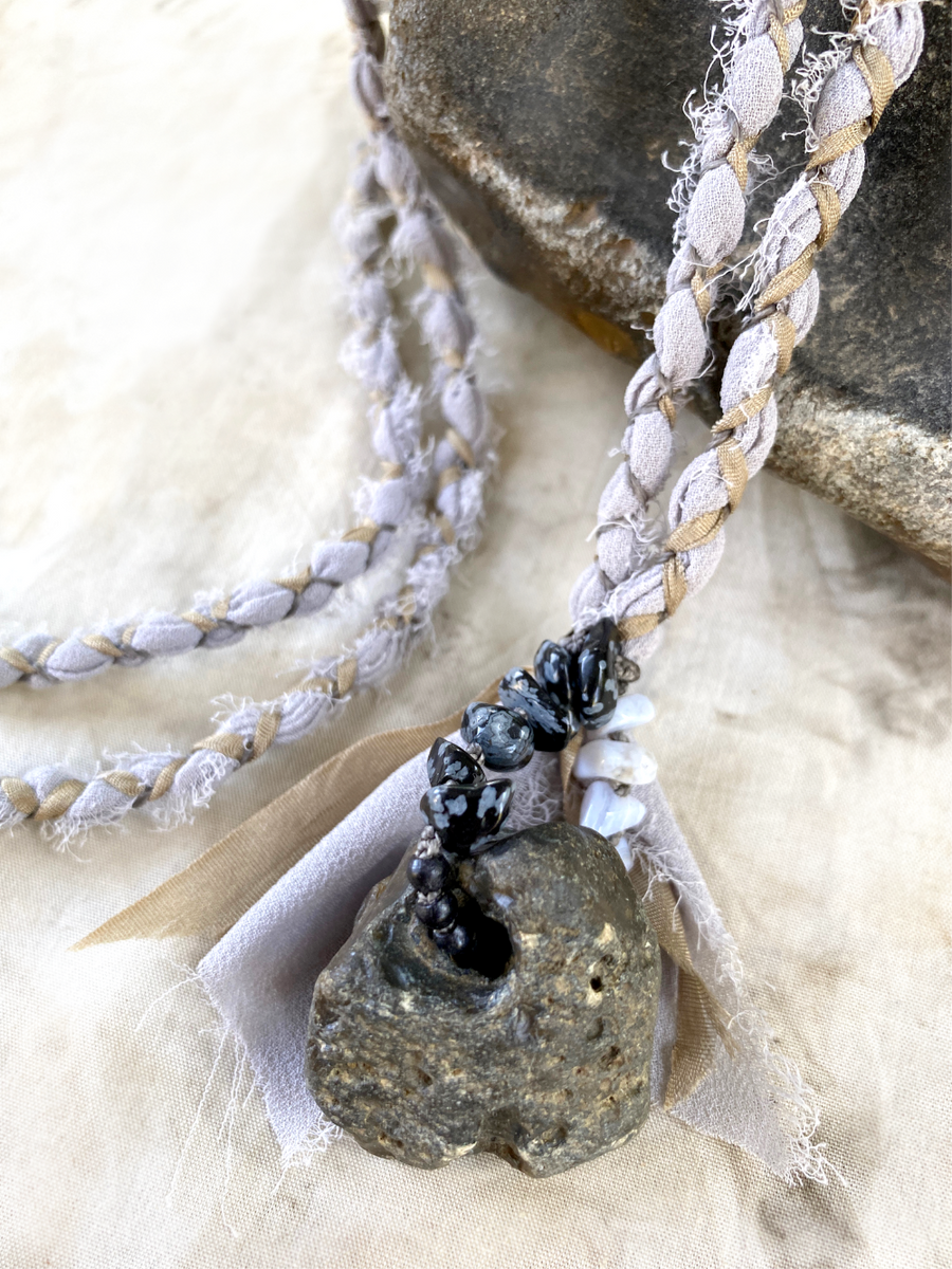 Flint hagstone talisman with Snowflake Obsidian & Blue Lace Agate