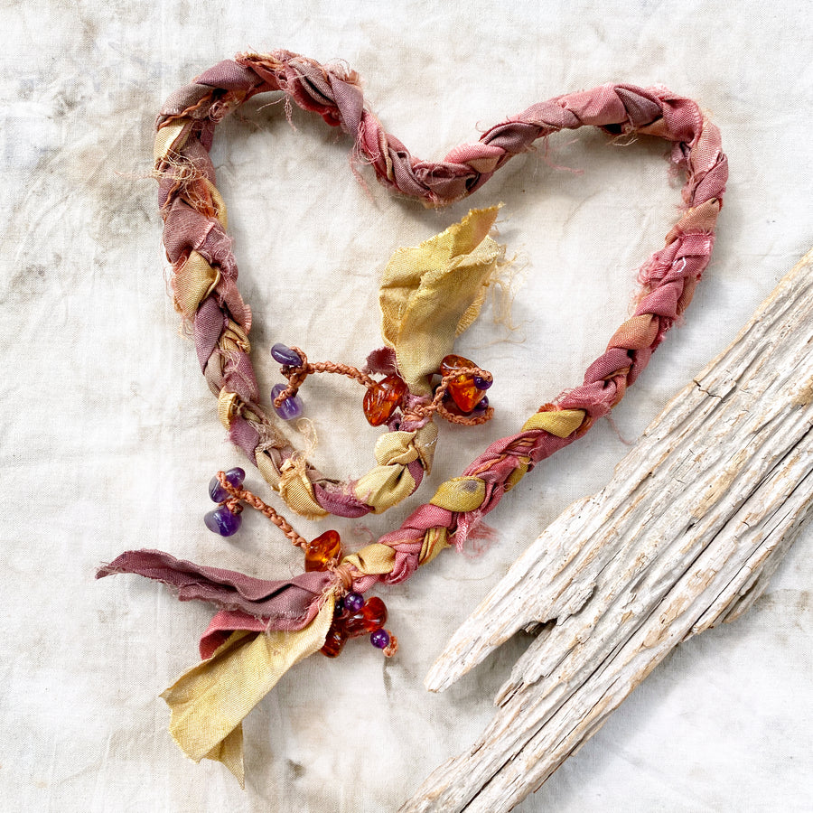 Silk braid double-wrap bracelet with Amethyst & Amber ~ for all wrist sizes