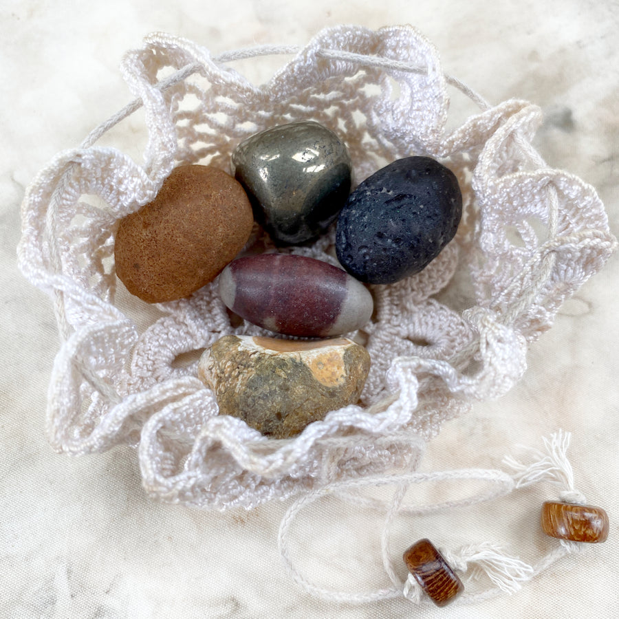 Crystal energy pouch, including rare Colombianite & Shiva Lingam