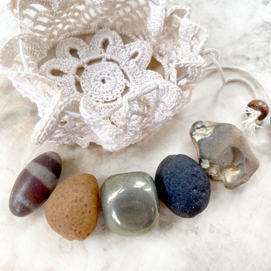 Crystal energy pouch, including rare Colombianite & Shiva Lingam