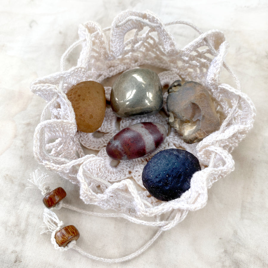 Crystal energy pouch, including rare Colombianite & Shiva Lingam