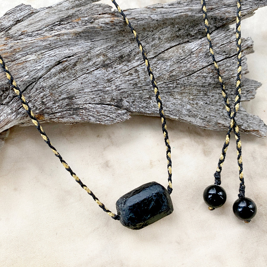 Black Tourmaline crystal healing amulet with Black Agate