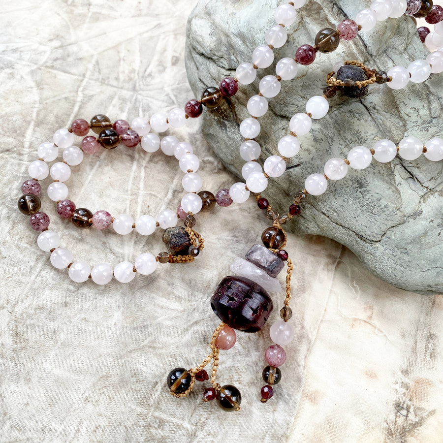 Full 108-bead meditation mala with counter beads of Rose Quartz, Smokey Quartz & Lepidochrosite in Quartz