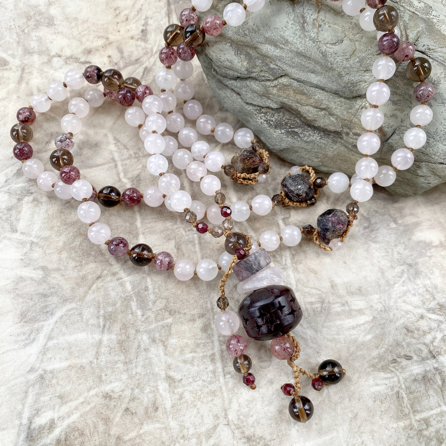 Full 108-bead meditation mala with counter beads of Rose Quartz, Smokey Quartz & Lepidochrosite in Quartz