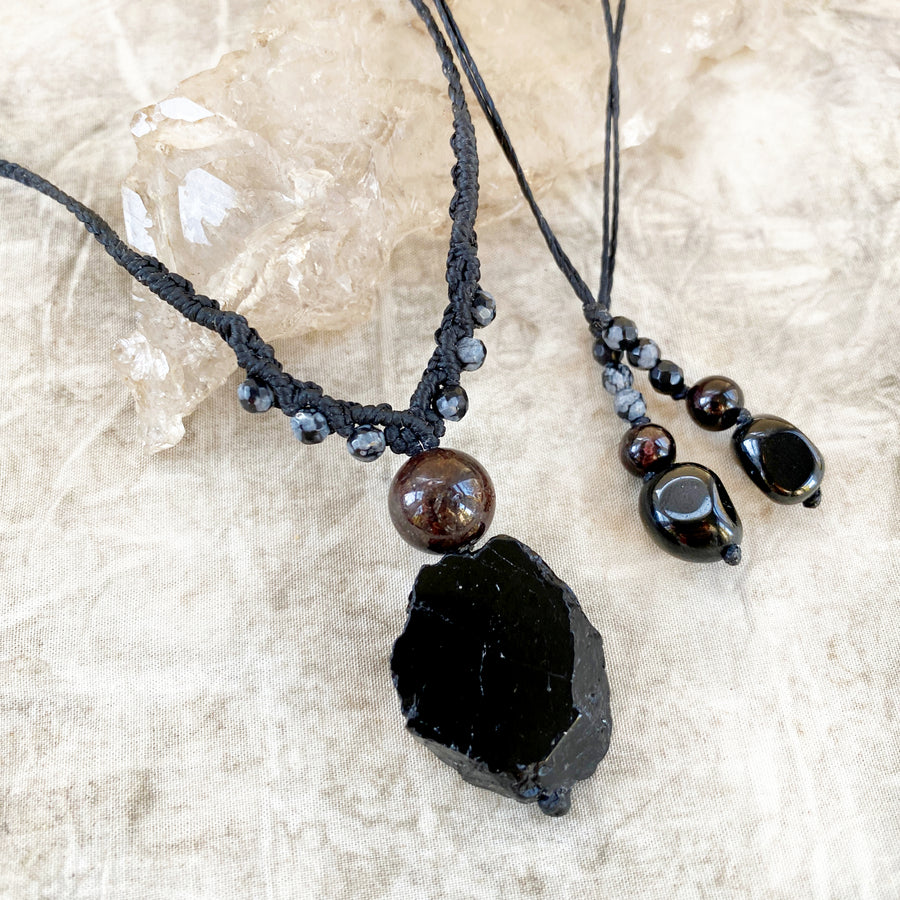 Crystal healing amulet with Black Tourmaline and Garnet