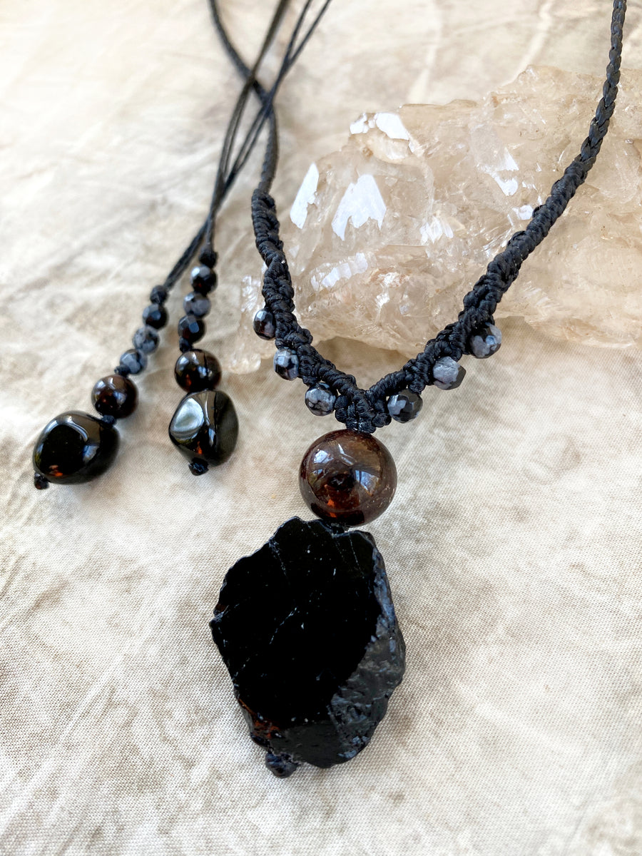 Crystal healing amulet with Black Tourmaline and Garnet