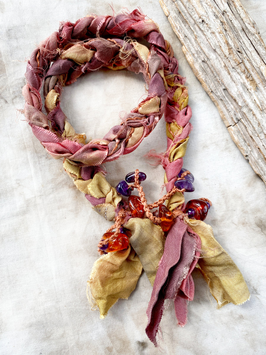 Silk braid double-wrap bracelet with Amethyst & Amber ~ for all wrist sizes