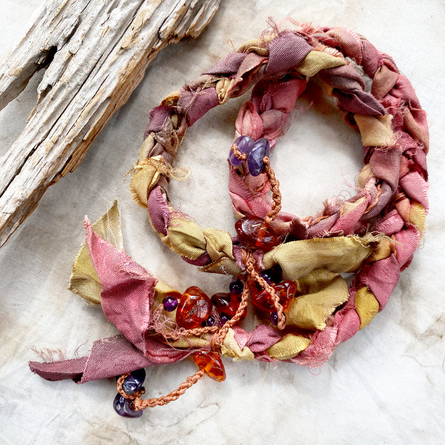 Silk braid double-wrap bracelet with Amethyst & Amber ~ for all wrist sizes