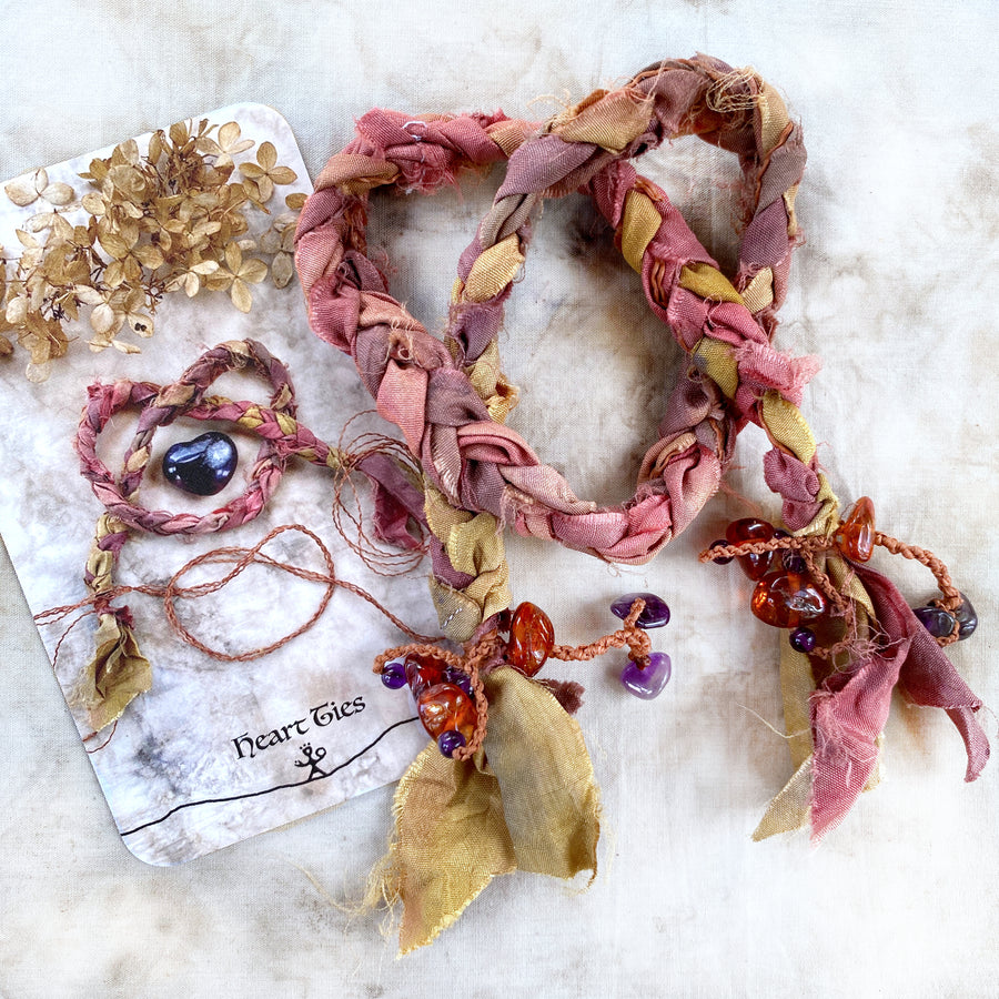 Silk braid double-wrap bracelet with Amethyst & Amber ~ for all wrist sizes