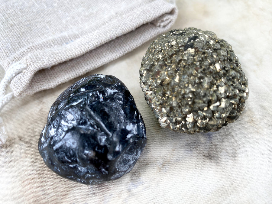 'Dedication stones' ~ Spherical Pyrite &  Apache Tear