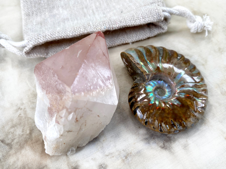 'Dedication stones' ~ Lithium Quartz point &  iridescent Ammonite