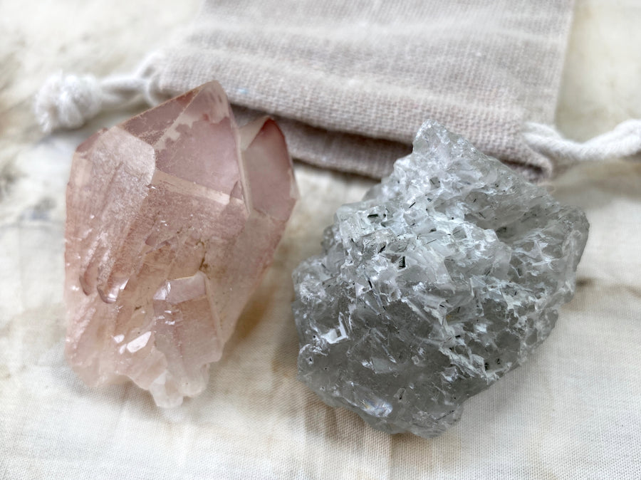 'Dedication stones' ~ Lithium Quartz twin-point &  Nirvana Quartz with Chlorite & Verdelite inclusions