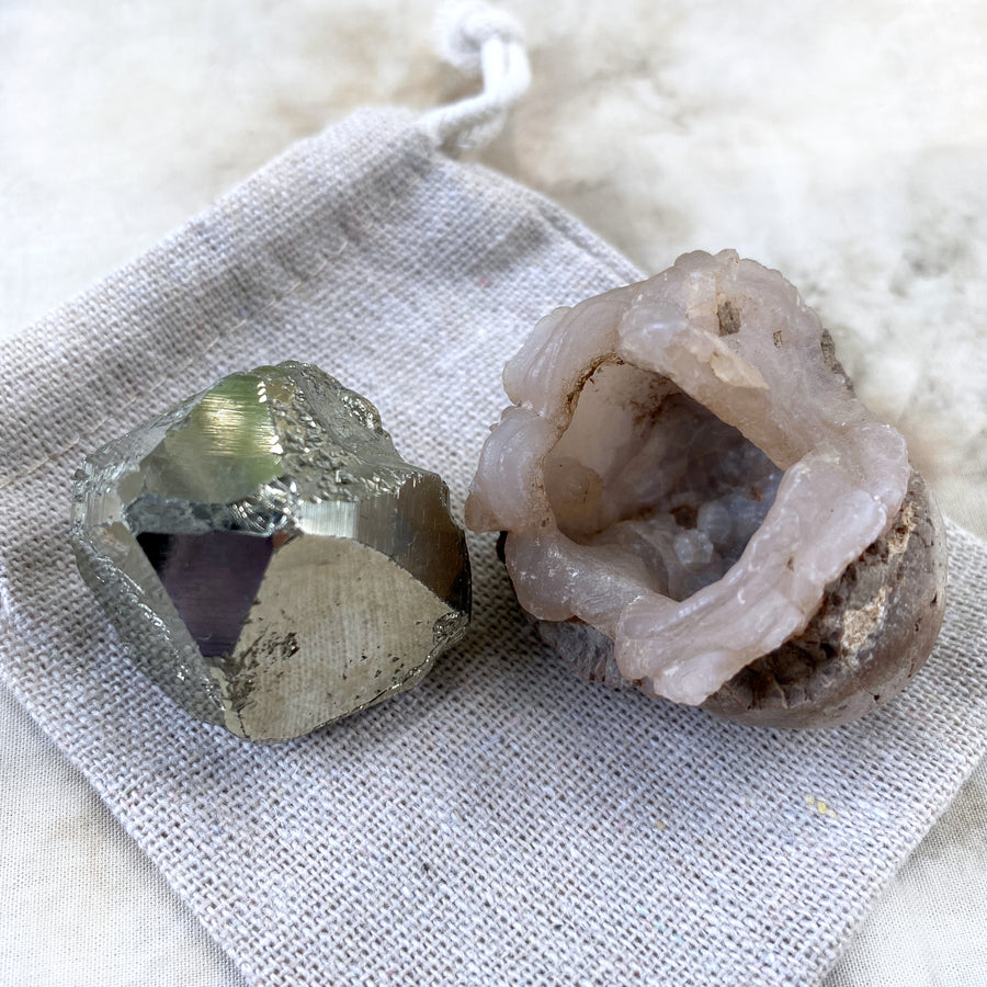 'Dedication stones' ~ Mirror Pyrite &  Pink Chalcedony 'cave'