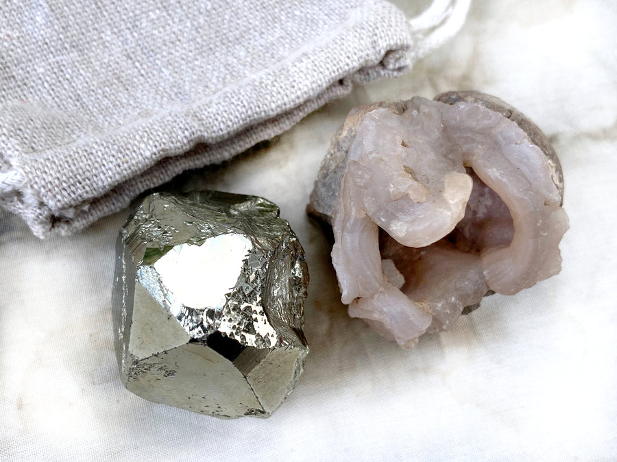 'Dedication stones' ~ Mirror Pyrite &  Pink Chalcedony 'cave'