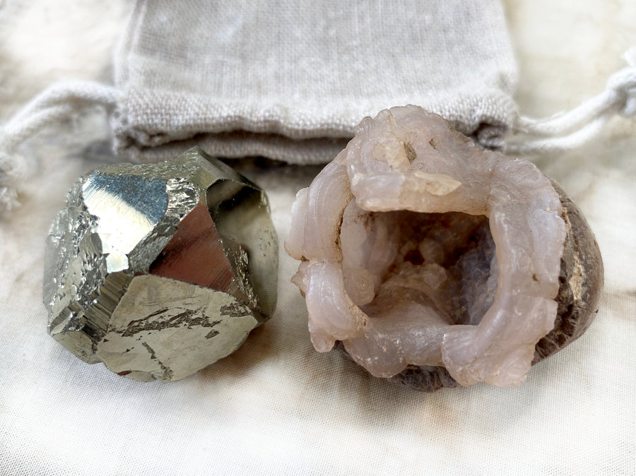 'Dedication stones' ~ Mirror Pyrite &  Pink Chalcedony 'cave'