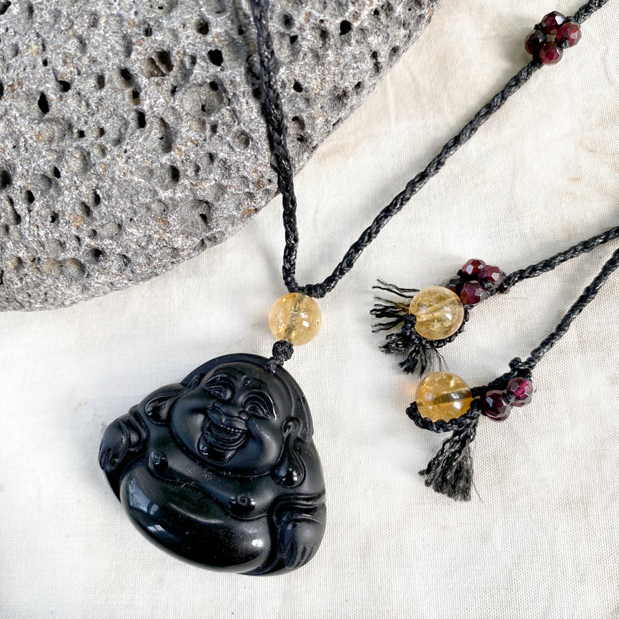 Laughing Buddha ~ Obsidian crystal healing talisman