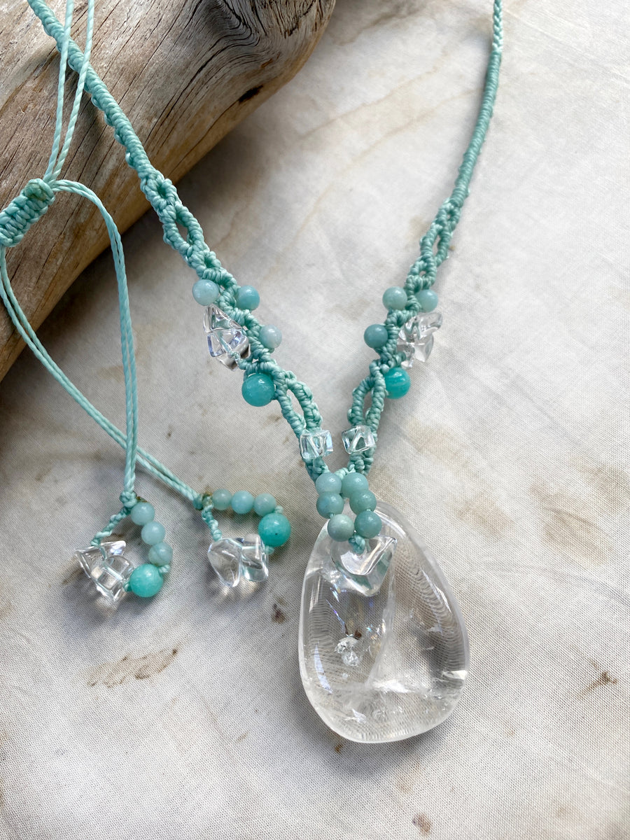 Quartz crystal healing amulet with Amazonite