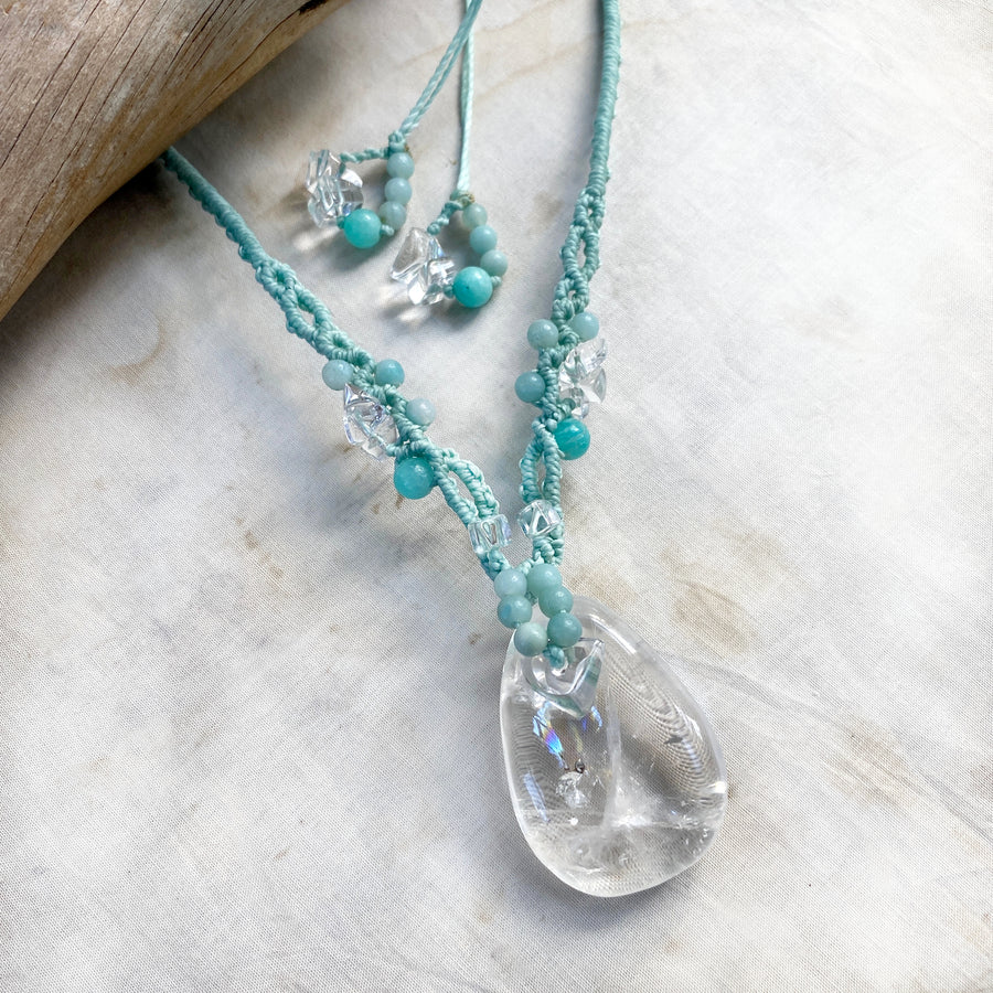 Quartz crystal healing amulet with Amazonite