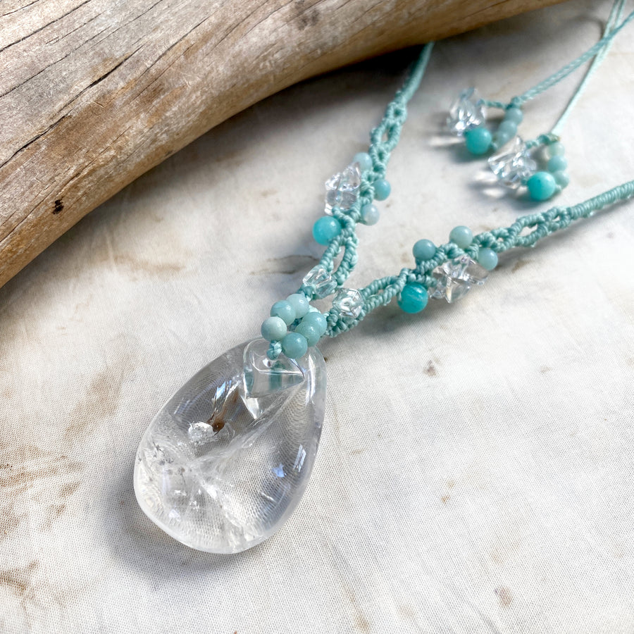 Quartz crystal healing amulet with Amazonite