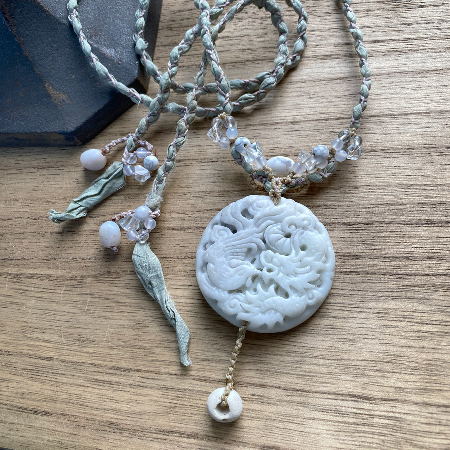 'Phoenix & Dragon' ~ white Jade crystal healing talisman