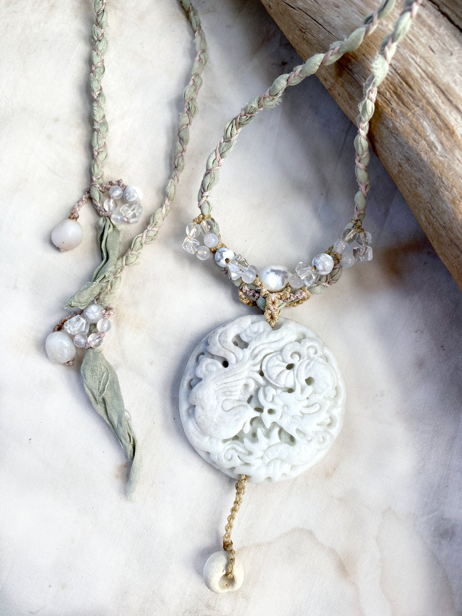 'Phoenix & Dragon' ~ white Jade crystal healing talisman