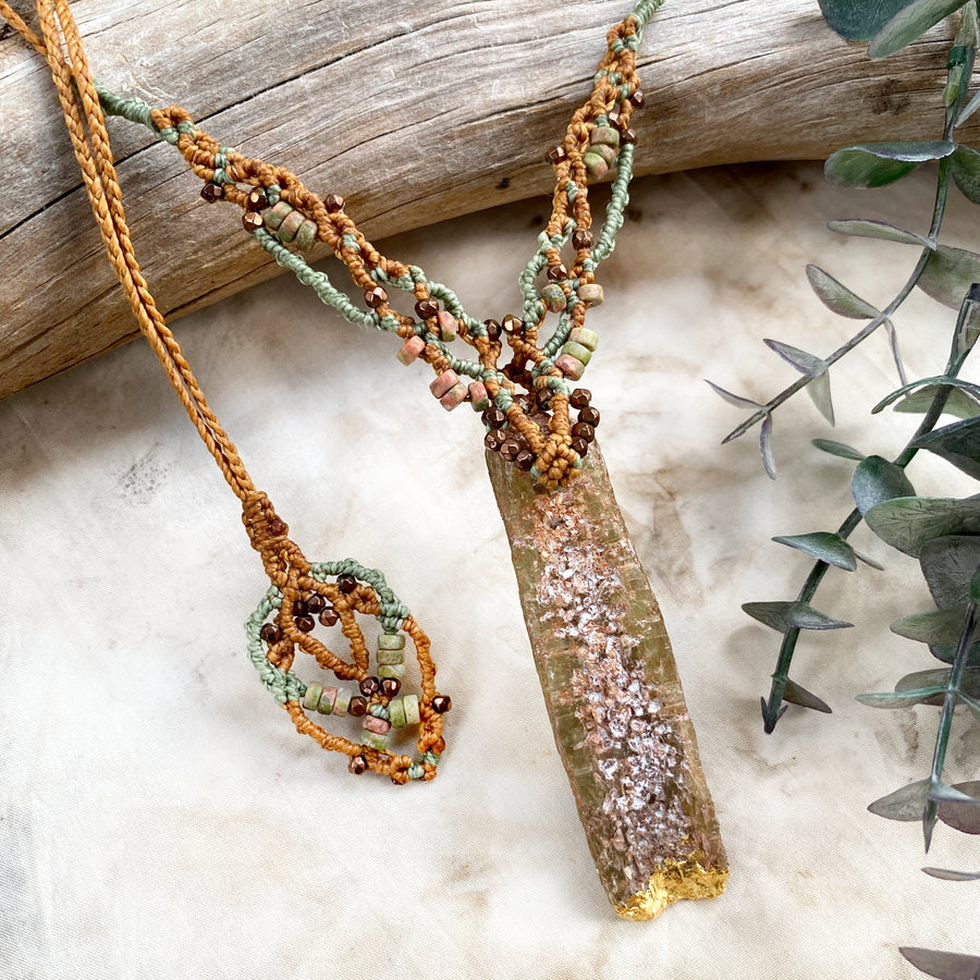 Green Kyanite crystal healing amulet with 24 carat gold