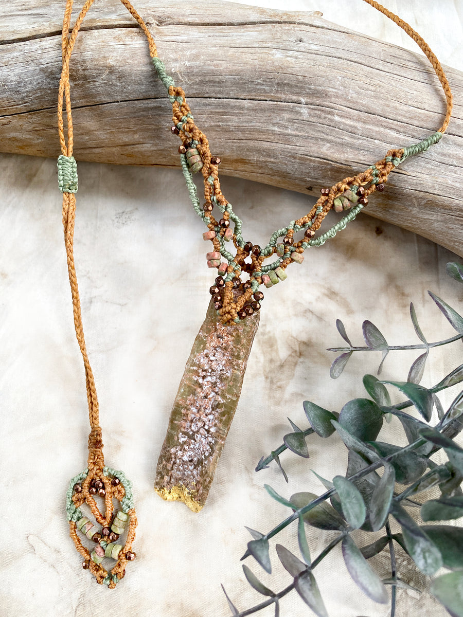 Green Kyanite crystal healing amulet with 24 carat gold