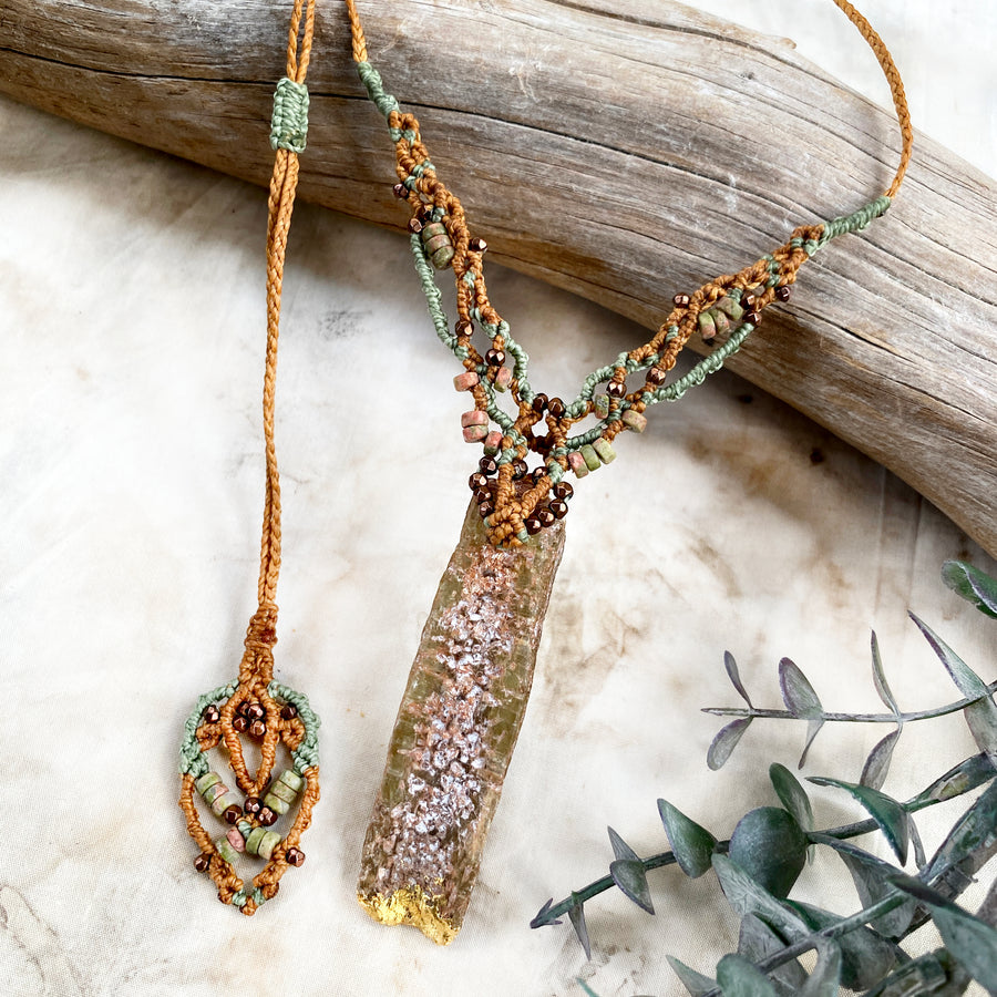Green Kyanite crystal healing amulet with 24 carat gold