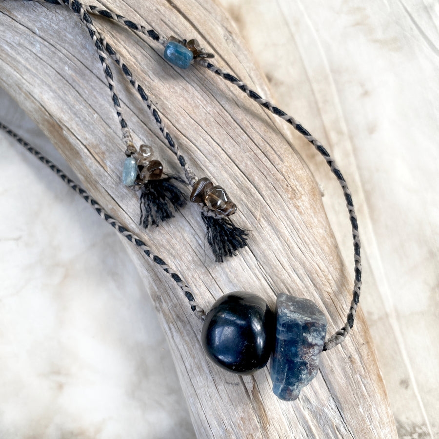 Crystal healing amulet with Jet & Blue Kyanite