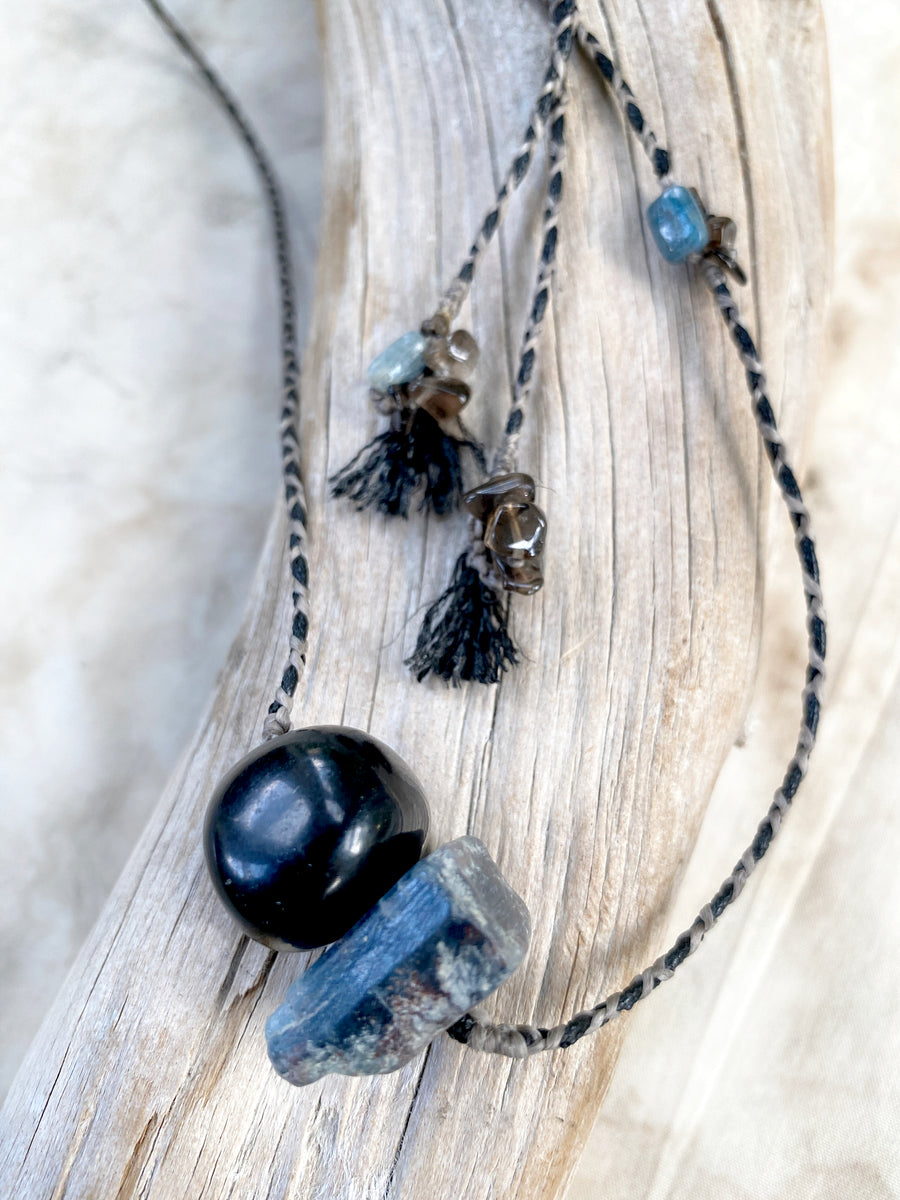 Crystal healing amulet with Jet & Blue Kyanite