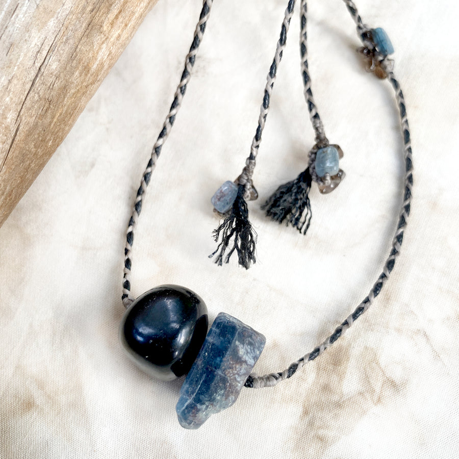 Crystal healing amulet with Jet & Blue Kyanite