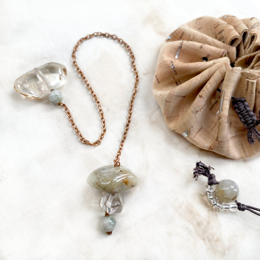 Unique crystal pendulum with crystal cairn dowser & Quartz handle