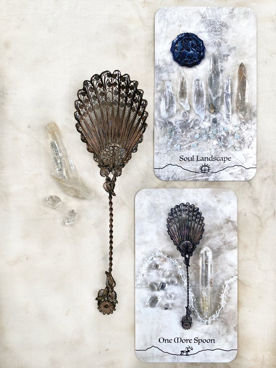 Altar elements: antique silver filigree spoon & 'Lady Finger Quartz' (featured in Spirit Carrier oracle cards)