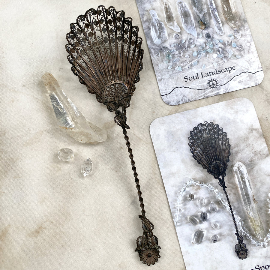 Altar elements: antique silver filigree spoon & 'Lady Finger Quartz' (featured in Spirit Carrier oracle cards)